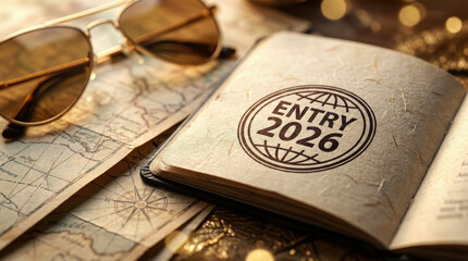 Open travel journal with Entry 2026 visa stamp on a vintage map with sunglasses. New Year vacation planning concept with warm lighting and bokeh.
