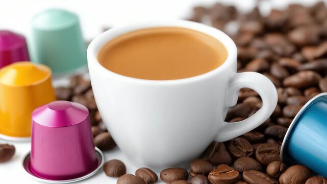 Vibrant coffee capsules with steaming cup amidst coffee beans creating cozy morning vibes