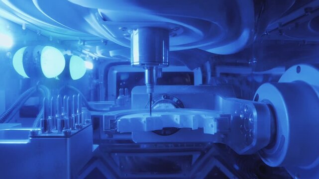 Automated dental milling machine carving zirconia crowns in CAD CAM system, illustrating high-precision digital dentistry, CNC prosthetic production, oral restoration technology, and modern dental lab