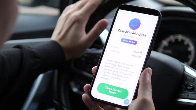 An individual takes a moment to check the status of his legal matter using a dedicated mobile application. This scene represents the empowerment of citizens through accessible judicial information.