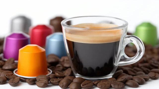 Vibrant coffee capsules transition from static to dynamic among aromatic beans