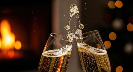 Champagne toast with fireplace and bokeh lights
