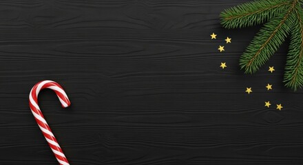 Christmas candy cane and fir branch with gold stars