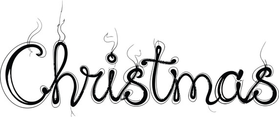 Elegant black script text " Christmas" with delicate flowing lines on white lettering typography