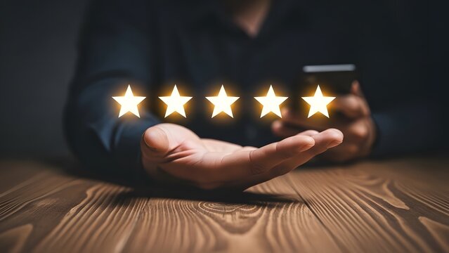 Customer satisfaction concept hand holding five glowing stars for review rating