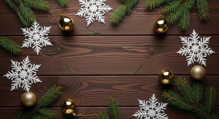 Christmas fir branches and snowflakes on wooden background