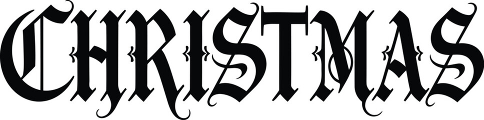 Gothic Blackletter Christmas Text with Decorative Embellishments Isolated on White Background lettering