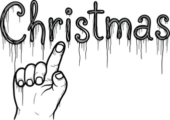 Hand drawn line art of a hand pointing at dripping Christmas text on a white background holiday word