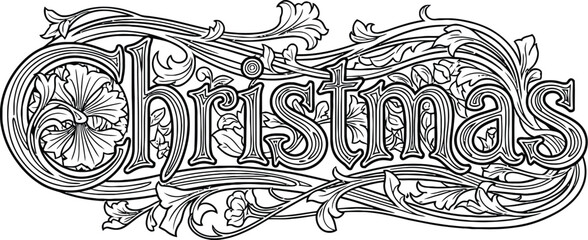 Intricate Art Nouveau Christmas Word Art with Floral and Leaf Motifs holiday festive