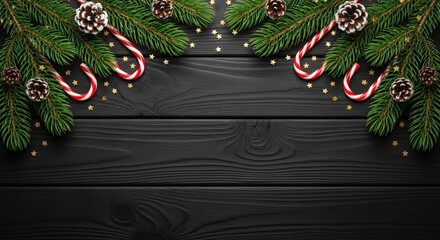 Christmas fir branches with candy canes and pinecones