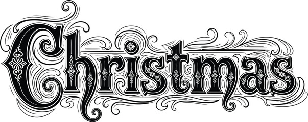 Ornate black Christmas lettering with swirling decorative elements on a white background text word