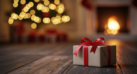 Christmas gift box with red ribbon near fireplace