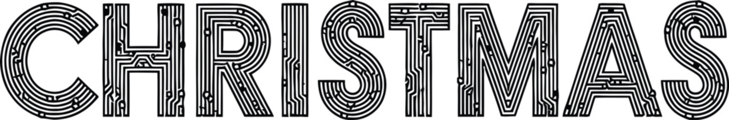 Stylized Christmas text with circuit board pattern and white background word lettering