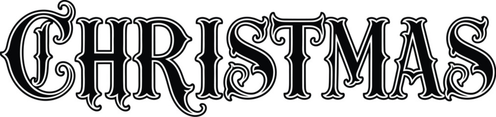Stylized Vintage Christmas Word with Decorative Serif and Outline holiday festive