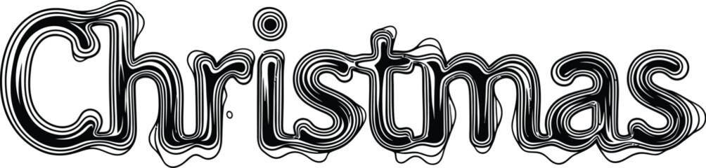 Textured Black Christmas Text with Wavy Lines on White Background word lettering