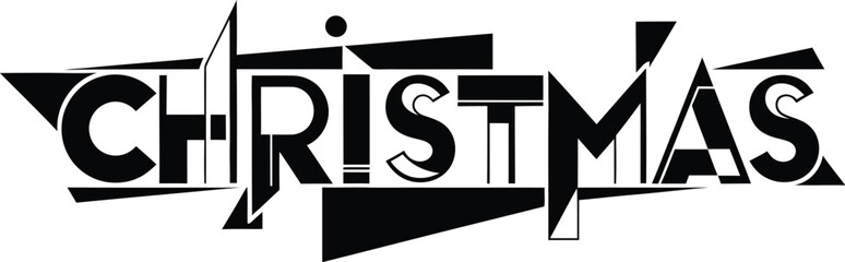 Abstract geometric black and white word Christmas with sharp angles and shapes Keywords: Christmas, holiday, celebration, winter, festive, season, greeting, text, word, typography, lettering