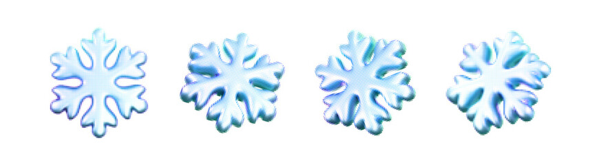 Blue halftone snowflakes with dotted texture in retro comic style isolated on a white background. Vintage print effect winter snowflakes for Christmas or New Year design, card, poster. 3D vector icon