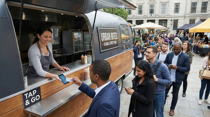 Customer paying with phone at food truck, ready to go urban bites