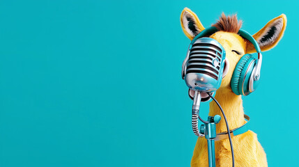 A yellow donkey with headphones and a microphone in front of it, standing against a flat blue background, ready to sing and entertain