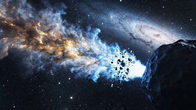 Cratered asteroid or comet nucleus ejecting bright blue and yellow gas or plasma in deep space near a distant galaxy and star field