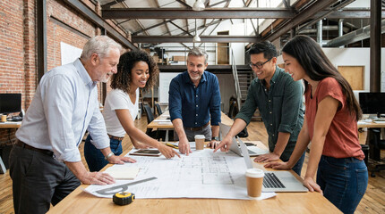 Team of architects collaborating on building plans in modern office