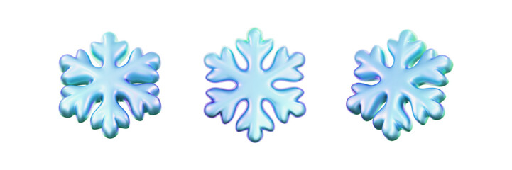 3D blue holographic snowflake with glass neon texture isolated on dark background. Glossy frozen crystal iridescent snowflake decoration for Christmas or New Year design, card, poster. 3D vector icon
