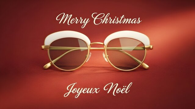 Elegant white and gold framed sunglasses placed on a rich red background with 'Merry Christmas' and 'Joyeux Noël' greetings, creating a luxurious and festive holiday fashion or gift concept