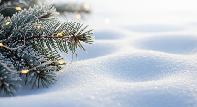 Close up of frosted pine branch with lights on snow - Powered by Adobe