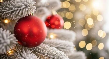 Close up of red baubles on a snowy christmas tree