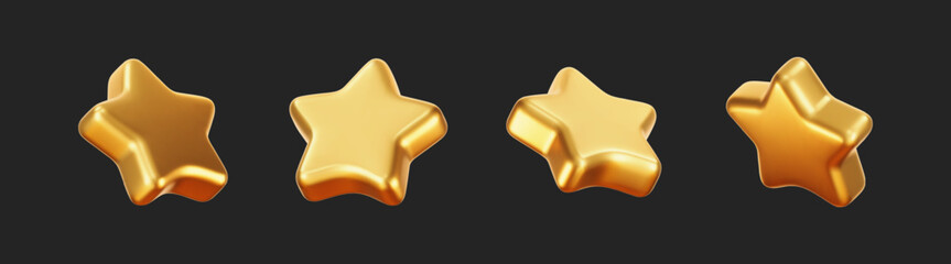 Luxury golden 3D star vector set with shiny metal texture. Render isolated gold star for review, award, feedback, decoration, quality badge, premium gift, trophy, achievement design. Realistic icon