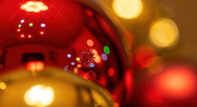 Close up of red christmas bauble with bokeh lights - Powered by Adobe