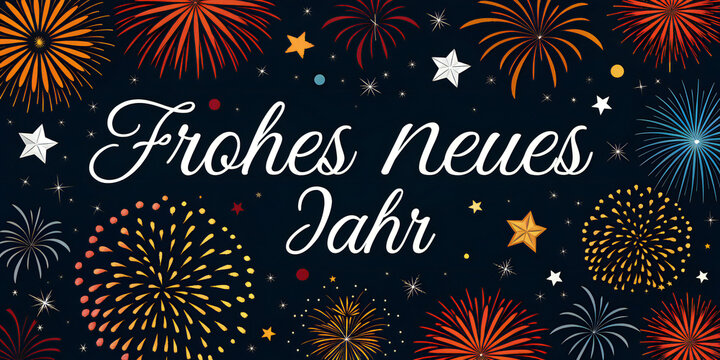 Frohes Neues Jahr with Colorful Fireworks on Dark Background