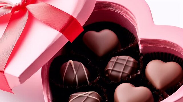 A closeup of a pink heartshaped box filled with assorted chocolates.