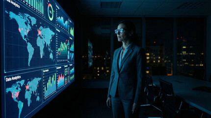 Data analyst reviewing global statistics on large screen in modern office