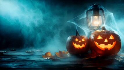 Halloween holiday promotion theme. Spooky scaring. Halloweenthemed wallpaper featuring a lantern, pumpkins, and a misty atmosphere. The main subject is a carved pumpkin with a sinister expression. - Powered by Adobe