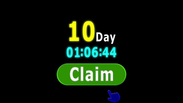 Offer! 10 day timer with countdown claim button click to hand pointing Get now best offer on black background.	
