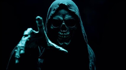 Halloween holiday promotion theme. Spooky scaring. A dark, eerie, and mysterious figure with a hooded cloak and a skull mask, set against a dark, smoky background. The figures hand is raised.