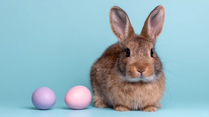 Obraz premium Rabbit is standing in front of two eggs