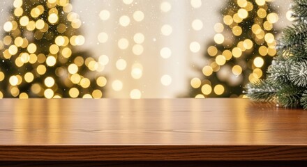 Empty wooden table with blurred christmas tree lights background