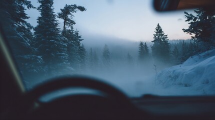 Car window is fogged up and the driver is looking out at a snowy forest