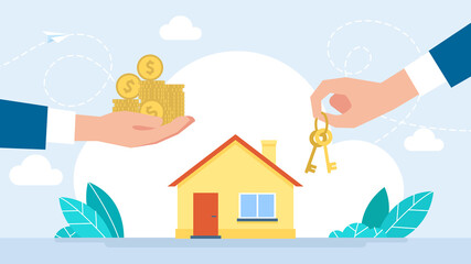 Buying house. Agent of real estate holding in hand house, key. Agent of real estate holding in hand house, key. Buyer, customer gives cash money. Deal sale and purchase of real. Flat illustration