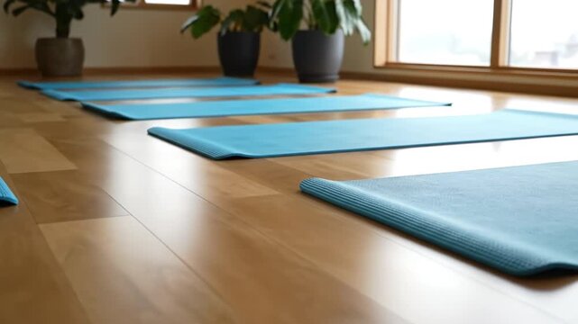 Blue yoga mat on wooden floor in bright indoor room with large windows and potted plant creating peaceful exercise space for stretching meditation and inviting atmosphere