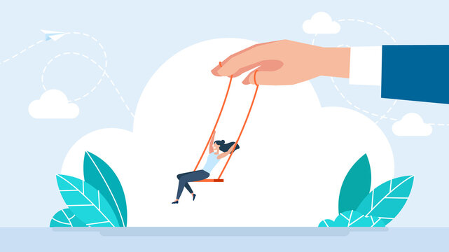 A man swings a woman on a swing hanging from her hand. The concept of influence, emotional swings, abuse. Happy woman swinging on a wooden swing. Flat illustration.