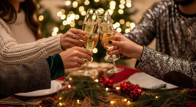 Friends clinking champagne glasses at a christmas party - Powered by Adobe