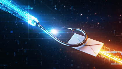 Phishing attack concept: a glowing hook catching an email envelope, surreal digital art style