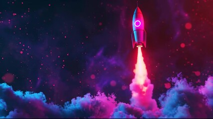 A vibrant neon rocket launching through colorful cosmic clouds and smoke, symbolizing innovation and space exploration. - Powered by Adobe