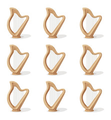 Array of wooden harps isolated on black background for music and arts