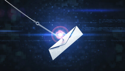 Phishing attack concept: a glowing hook catching an email envelope, surreal digital art style