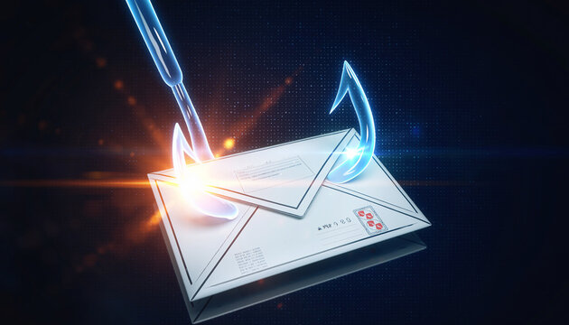 Phishing attack concept: a glowing hook catching an email envelope, surreal digital art style