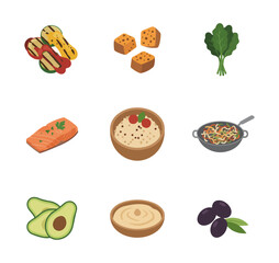 Assortment of cooked food illustrations on black background